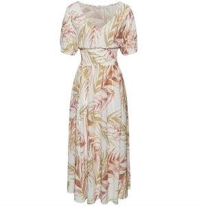 LASCANA Woman's Puff Sleeve Floral Multi Print Maxi Dress ~ Beige Orange Leaf